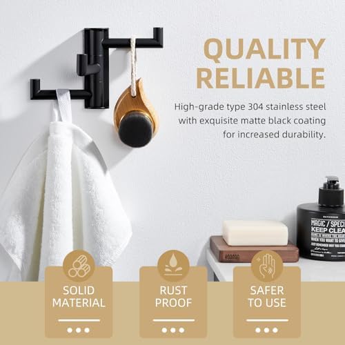 Angle Simple Swivel Towel Hook 3 Arms, Robe Coat Wall Hook, Matte Black - Image 6