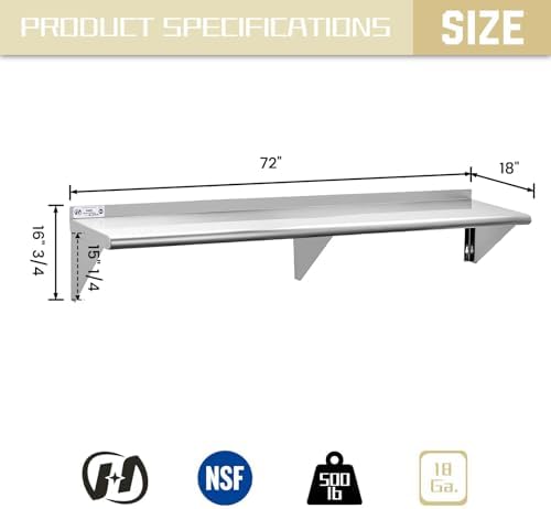 Hally Stainless Steel Shelf 18"x72" NSF Commercial Wall Mount Rack Shelving - Image 3