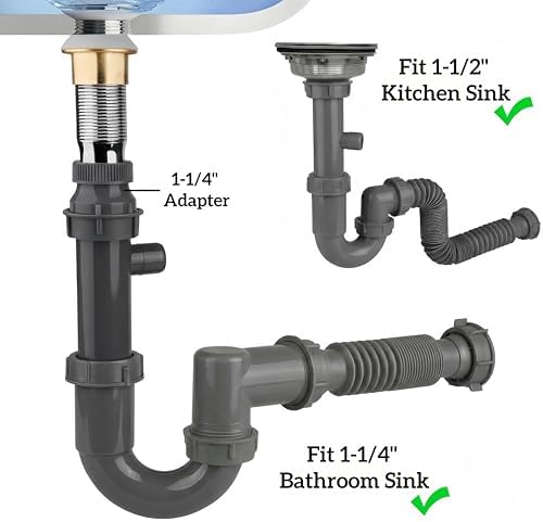 Universal 1-1/4" & 1-1/2" P Trap Drain Kit, Flexible PP U-Bend Plumbing Pipe - Image 3