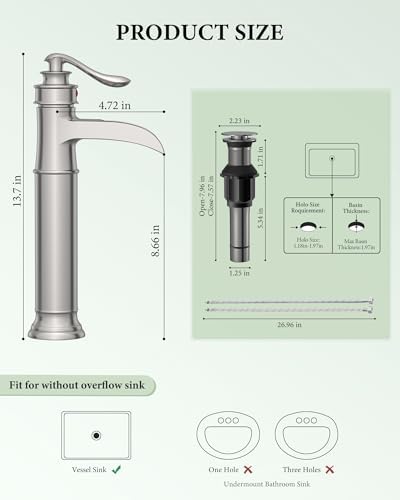 Vessel Sink Faucet Tall Bathroom Faucets Waterfall Brushed Nickel Brass - Image 6