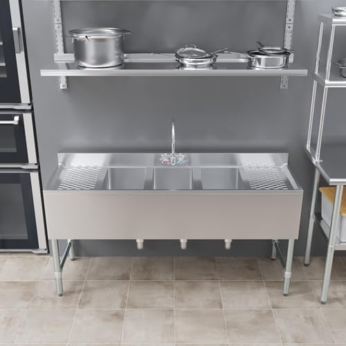 AmGood 60 in. x 19 in. Three Bowl Commercial Underbar Sink - Image 7