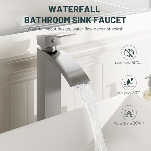 Brushed Nickel Vessel Sink Faucet, Waterfall Bathroom Faucets - Image 3