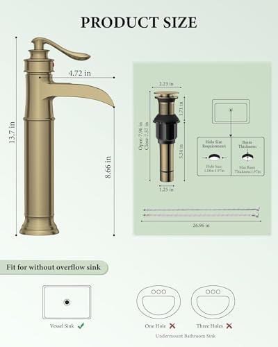 Homevacious Vessel Sink Faucet Brushed Gold Waterfall Tall Bathroom Faucet - Image 6