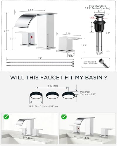 FORIOUS Bathroom Faucet Waterfall 3 Hole 8 Inch Widespread Polished Chrome - Image 2
