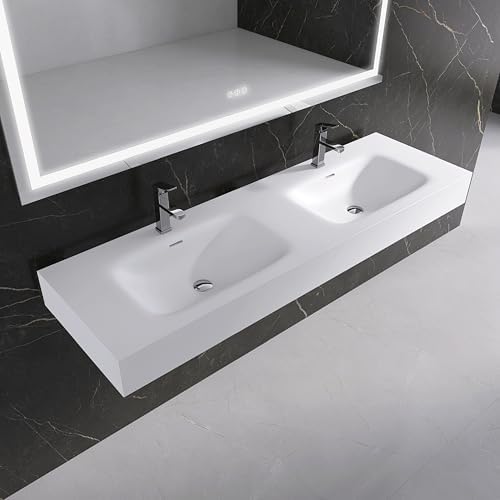 Wall Mount Double Bathroom Sink 59"L x 18"W x 5"H, Resin Stone Floating Sink by MEDUNJESS