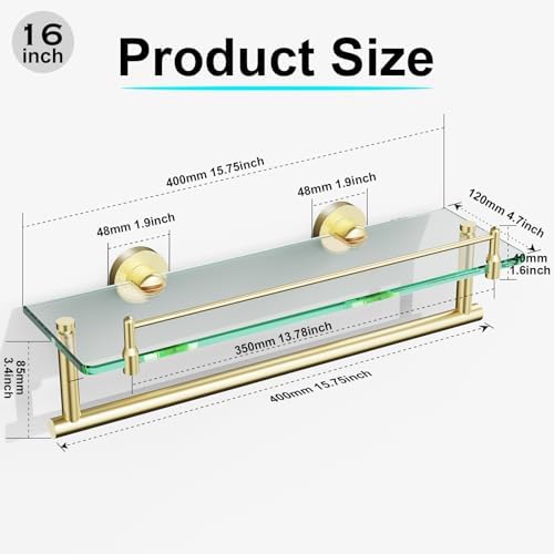 Towel Rack with Shelf 16 Inch, Bathroom Shelf with Towel Bar Tempered Glass - Image 3