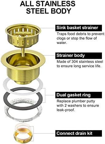 BOTEMY B9171 Gold Kitchen Sink Drain Kit 3 1/2 Sink Strainer - Image 5