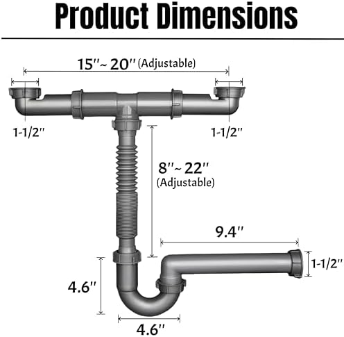 1-1/2 In Double Kitchen Sink Drain Kit, Flexible Wall-Outlet P-Trap - Image 2