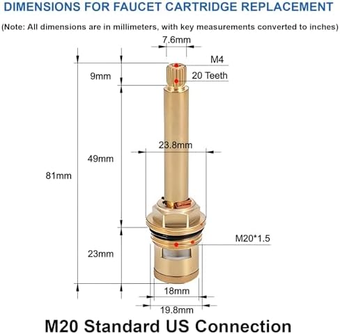 Brass Faucet Cartridge Replacement Kit M20 x 1.5 Ceramic Valve Pair - Image 2