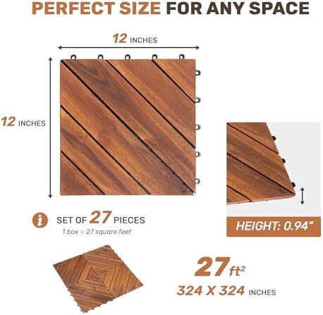 27 PCS Interlocking Deck Tiles, Diagonal Pattern 12"x12" Acacia Wood Outdoor - Image 2