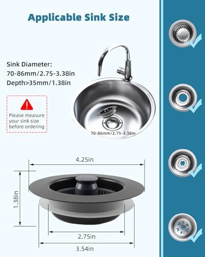 Universal 3 in 1 Kitchen Sink Drain Strainer Stopper Combo, Matte Black - Image 5