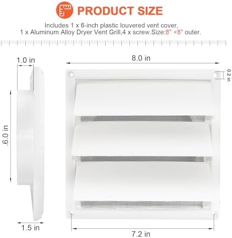 Beaquicy 6'' Louvered Dryer Vent Cover 8" x 8" Outside Dimensions - Image 5