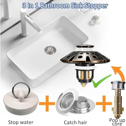AzWzz Bathroom Sink Drain Strainer, 3 in 1 Pop Up Bathroom Sink Stopper - Image 4