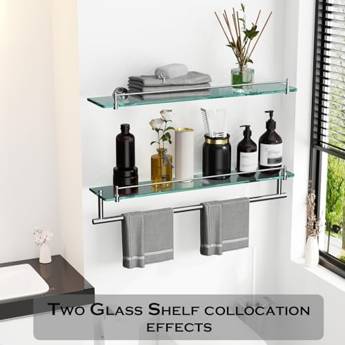 24-Inch Towel Rack with Shelves Tempered Glass Bathroom Shelves with Bar - Image 6