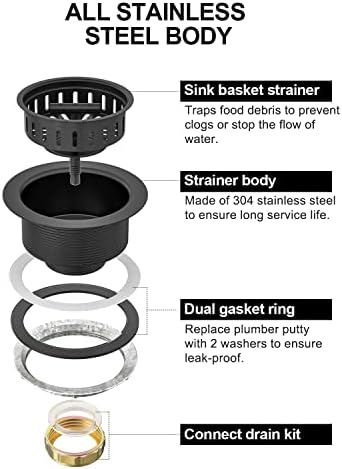 BOTEMY B9171 Black Kitchen Sink Drain Kit 3 1/2 Strainer - Image 5
