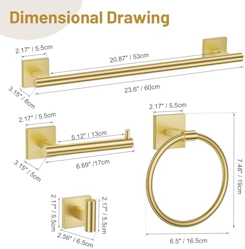 5 Pieces Bathroom Hardware Set Brushed Gold Towel Bar Set Includes 23.6” Towel - Image 7