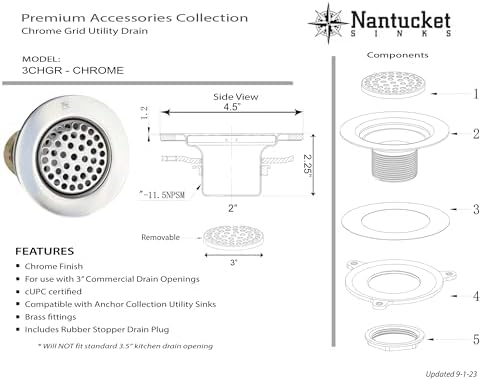 Nantucket Sinks 3 Inch Utility Commercial Sink Grid Drain, Chrome Finish - Image 2
