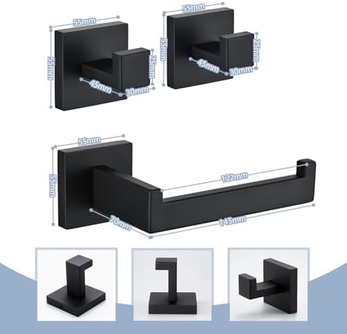 Toilet Paper Holder Set with 2 Square Robe Hooks, Matte Black - Image 2