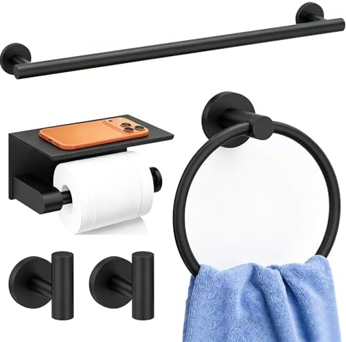 5 Pieces Bathroom Hardware Accessories Set Matte Black, 24Inch Round Towel by Delarkusi