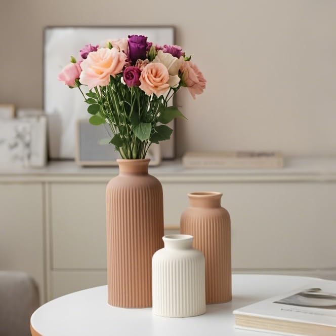 Large Modern Ceramic Vase Set, Coffee Ribbed Matte Design, 3-Piece Decorative - Image 4