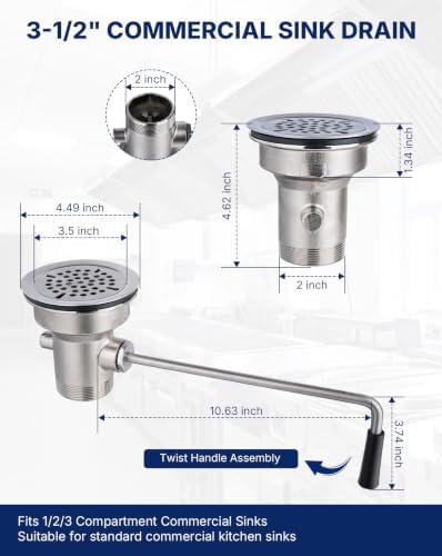 3-1/2" Commercial Sink Drain Valve Twist Handle Stainless Steel - Image 4