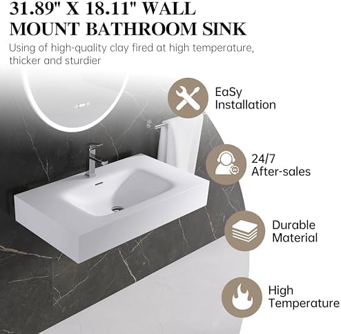 Wall Mount Bathroom Sink 31.9"L x 18"W x 5"H, Resin Stone Floating Sink - Image 3