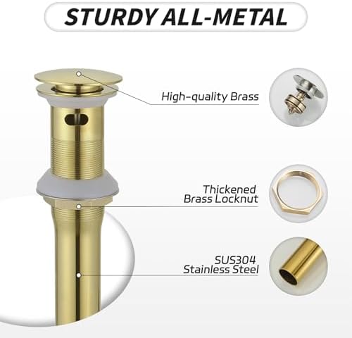 BWE One-Piece Pop-Up Sink Drain, Brushed Gold, - Image 3