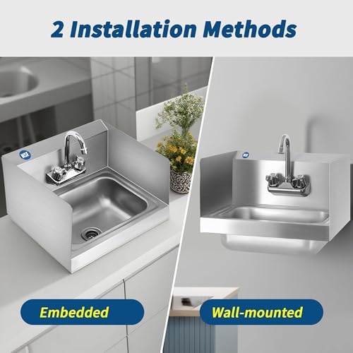 BIEAMA NSF 17" x 15" Hand Sink, Stainless Steel Wall Mount, Side Splashes - Image 6