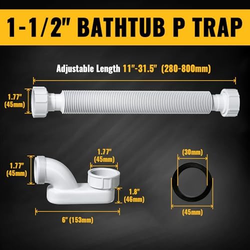VIVIDA Bathtub Shower Drain Pipe, 1-1/2" Low Profile P Trap - Image 2