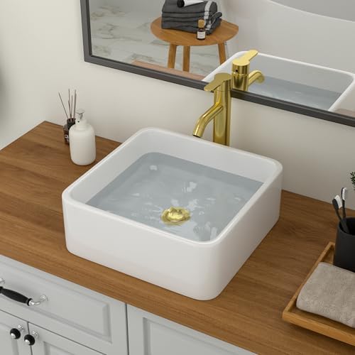Logmey 15x15 Small Square White Vessel Sink, Smooth Glaze & Durable Porcelain by Logmey