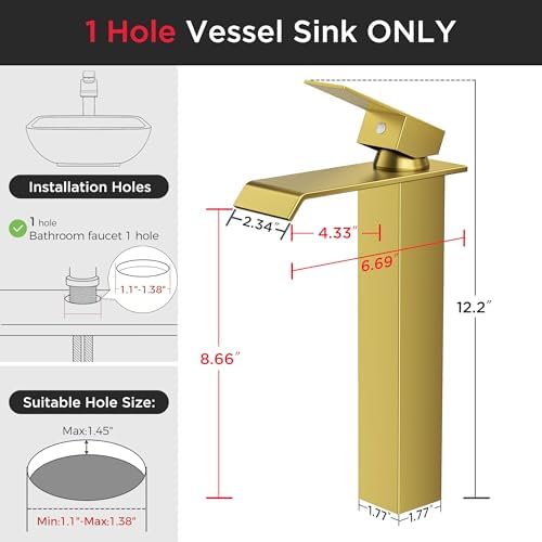 FORIOUS Vessel Tall Bathroom Sink Faucet 1 Hole Single Handle Brushed Gold - Image 3