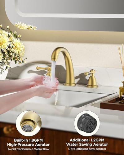 FORIOUS Bathroom Faucet 3 Hole Widespread 8" Sink Faucets Brushed Gold - Image 4