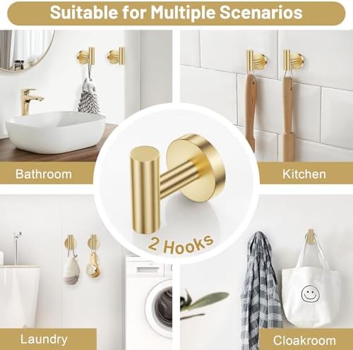 Brushed Gold Bathroom Hardware Set, Toilet Paper Holder, Towel Ring & Hooks - Image 4
