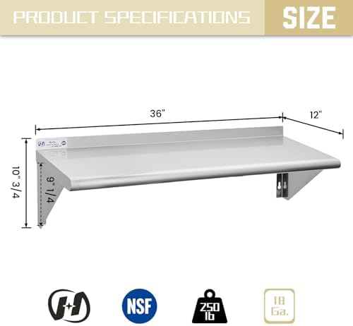 Hally Stainless Steel Shelf 12"x36" NSF Commercial Wall Mount Rack Shelving - Image 3