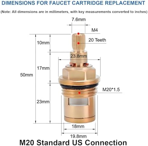 Brass Faucet Cartridge Replacement Kit M20 x 1.5 Ceramic Valve Pair - Image 2