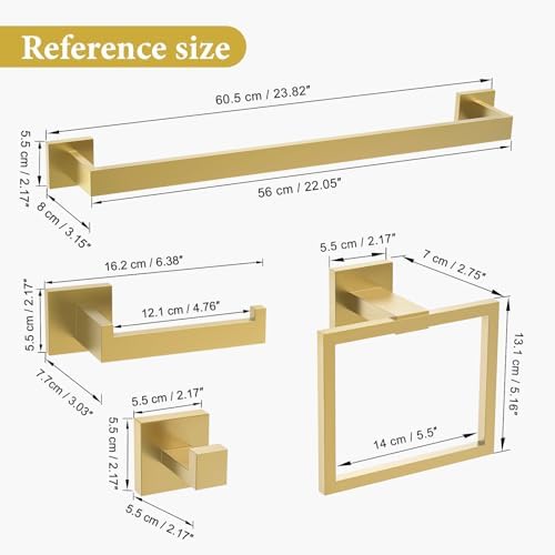 TURS 5-Piece Bathroom Hardware Set Brushed Gold Towel Bar Set Bath Towel Holder - Image 7