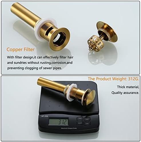 Bathroom Sink Drain Stopper Pop Up Drain, Swhyger Brushed Gold Sink Drain - Image 3