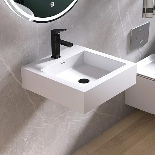 Small Vessel Sink, Stone Resin 19" x 19" Wall Mount Bathroom Sink by MEDUNJESS