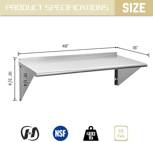 Hally Stainless Steel Shelf 18"x48" NSF Commercial Wall Mount Rack Shelving - Image 3