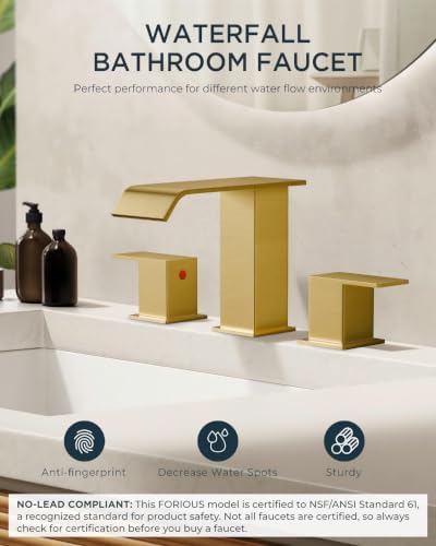 FORIOUS Brushed Gold Bathroom Sink Faucets 3 Hole Widespread Vanity Faucet - Image 5
