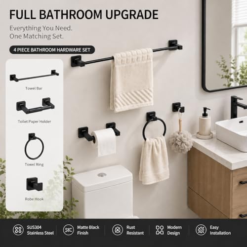 Matte Black Bathroom Hardware Set 4 Pieces, Towel Bar Set Stainless Steel Wall - Image 3