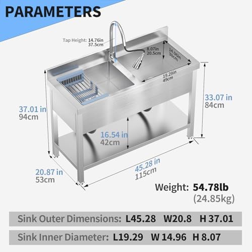 46.9Inch Stainless Steel Utility Sink 2-Compartment Commercial Sink - Image 2