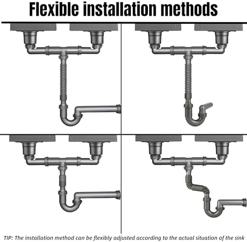 1-1/2 In Double Kitchen Sink Drain Kit, Flexible Wall-Outlet P-Trap - Image 5