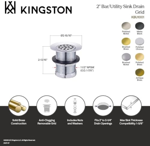 Kingston KBU1007 2" Brass Grid Bar/Utility Sink Drain, Brushed Brass - Image 3