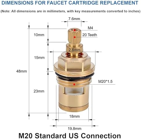 Brass Faucet Cartridge Replacement Kit M20 x 1.5 Ceramic Valve Pair - Image 2