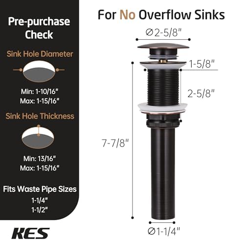 KES Bathroom Sink Drain Without Overflow Vessel Sink Lavatory Vanity Pop Up - Image 6