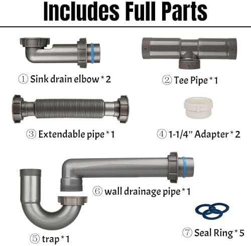 1-1/2 In Double Kitchen Sink Drain Kit, Flexible Wall-Outlet P-Trap - Image 3