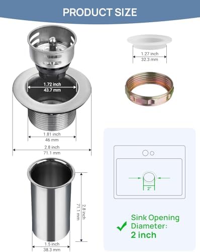 2" rv Sink Drain Strainer with 2.8-in Tail Piece, Bar Sink Drain Assembly - Image 2