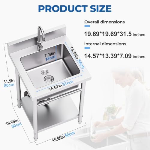20" Stainless Steel Utility Sink, Freestanding Single Bowl Garage Sink - Image 3
