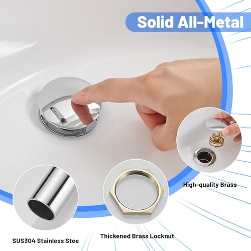 BWE Chrome Bathroom Sink Pop-Up Drain Stopper, No Overflow - Image 3